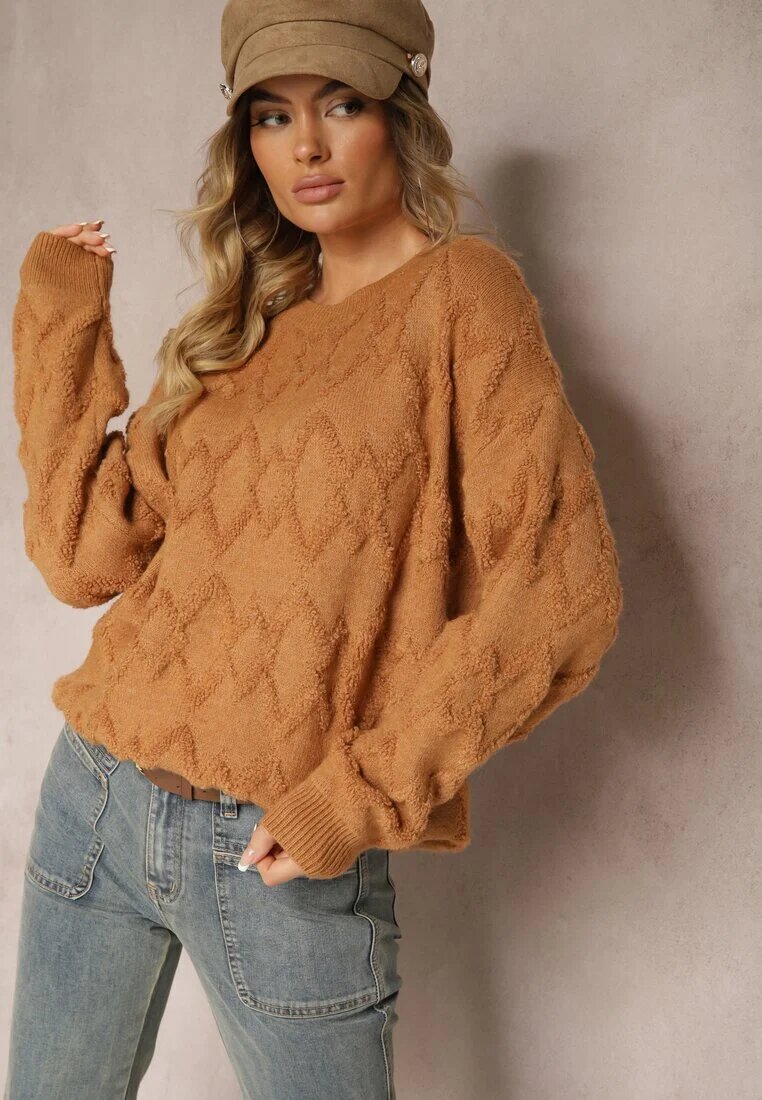 wool fashion Pulover lejer cu croială cutie și împletitură în relief cu manșete elastice Maro Elomara