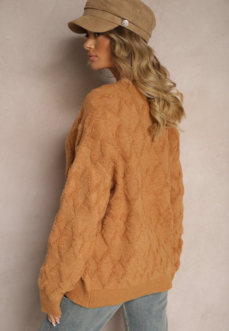 wool fashion Pulover lejer cu croială cutie și împletitură în relief cu manșete elastice Maro Elomara
