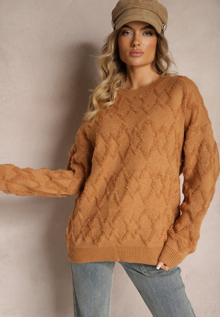 wool fashion Pulover lejer cu croială cutie și împletitură în relief cu manșete elastice Maro Elomara
