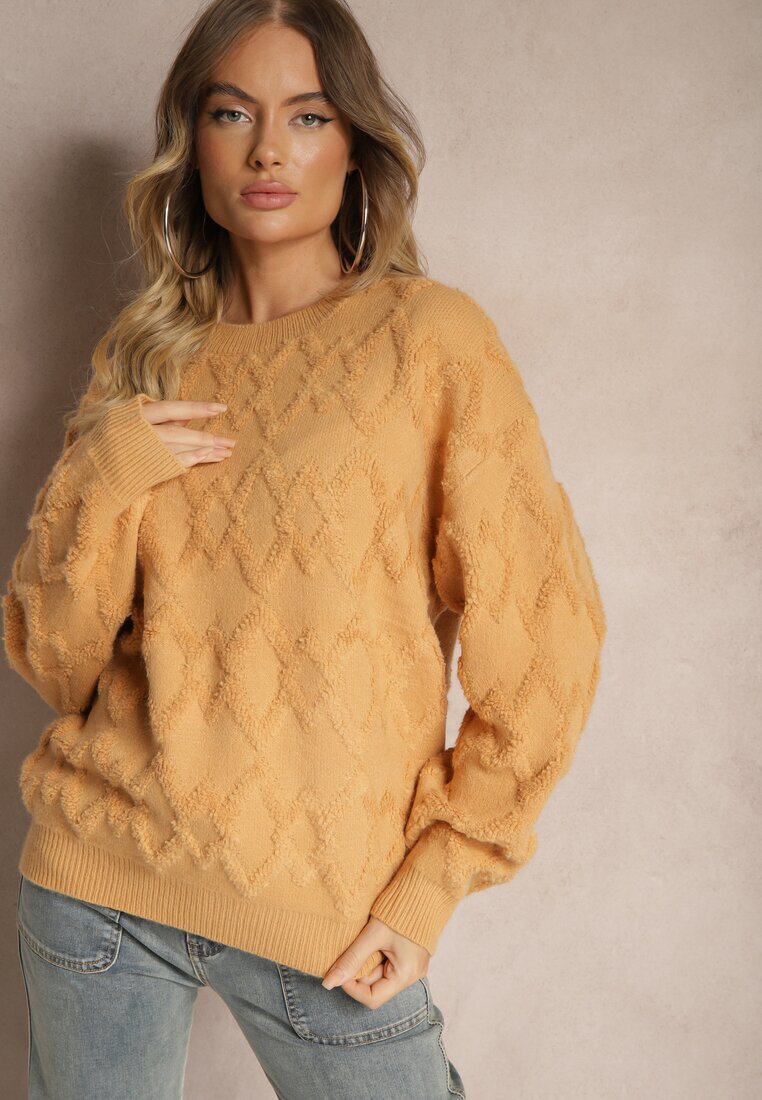 wool fashion Pulover Lejer Galben cu croială tip cutie și împletitură în relief cu manșete elastice Elomara