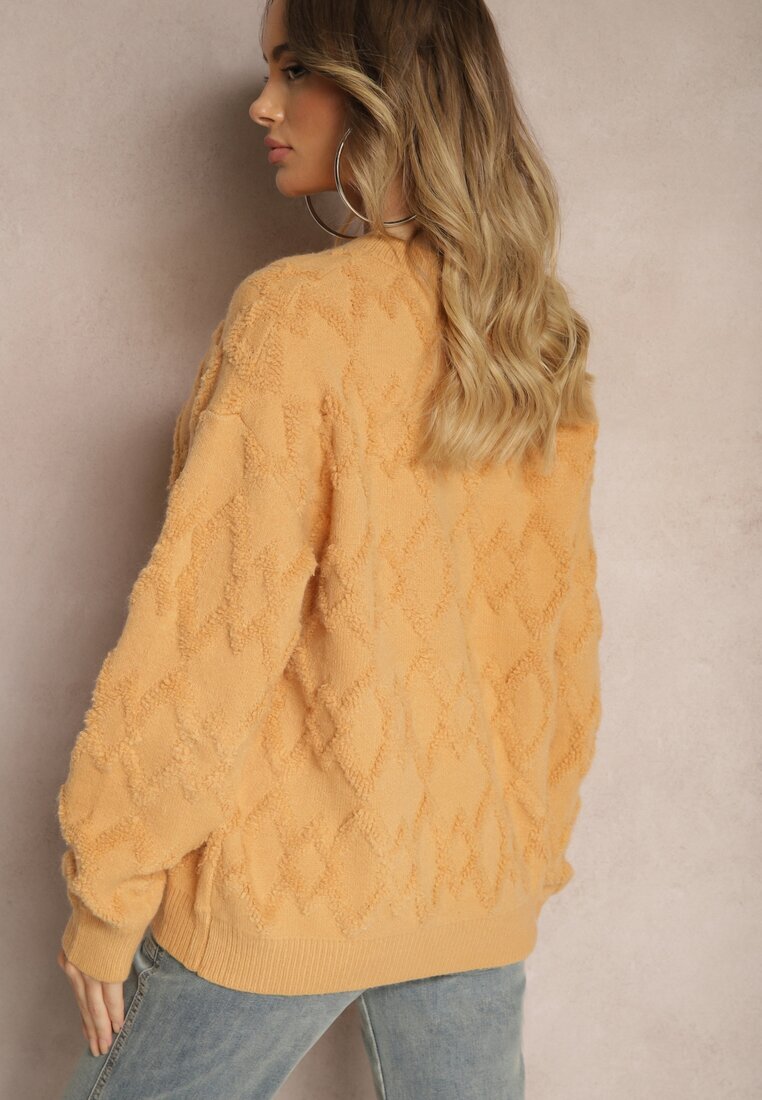 wool fashion Pulover Lejer Galben cu croială tip cutie și împletitură în relief cu manșete elastice Elomara