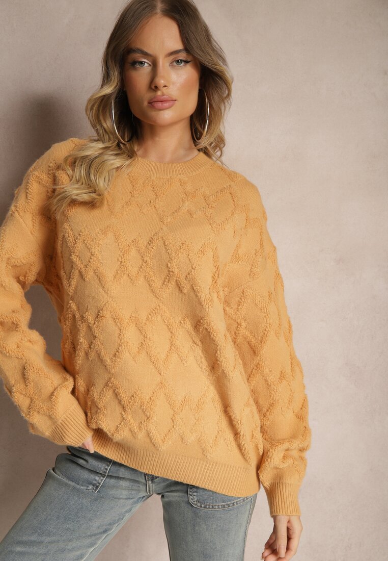 wool fashion Pulover Lejer Galben cu croială tip cutie și împletitură în relief cu manșete elastice Elomara