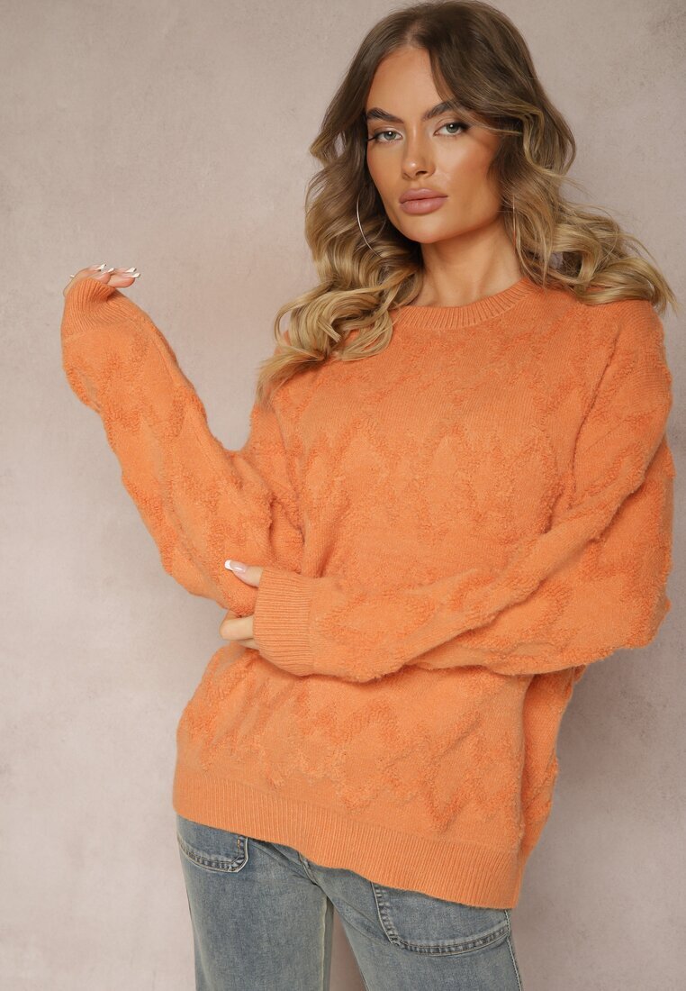wool fashion Pulover Lejer Portocaliu cu Croială Dreaptă și Textură în Relief cu Manșete Elastice Elomara