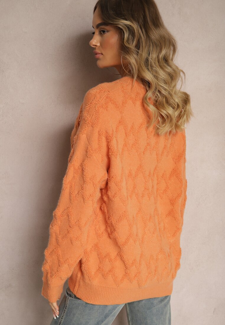 wool fashion Pulover Lejer Portocaliu cu Croială Dreaptă și Textură în Relief cu Manșete Elastice Elomara