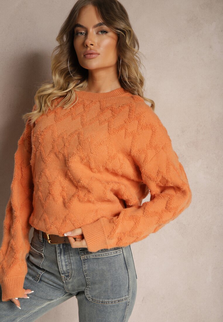 wool fashion Pulover Lejer Portocaliu cu Croială Dreaptă și Textură în Relief cu Manșete Elastice Elomara