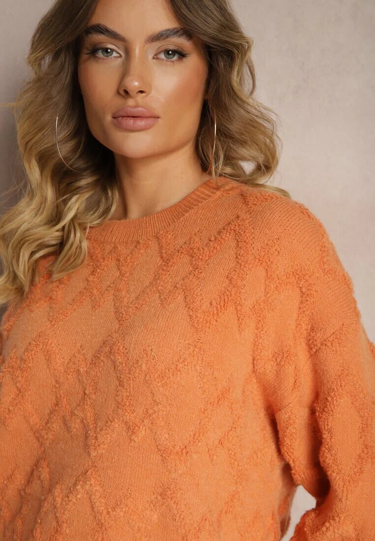 wool fashion Pulover Lejer Portocaliu cu Croială Dreaptă și Textură în Relief cu Manșete Elastice Elomara
