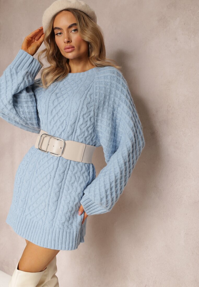 wool fashion Pulover lung albastru deschis împodobit cu împletitură fină Killoe