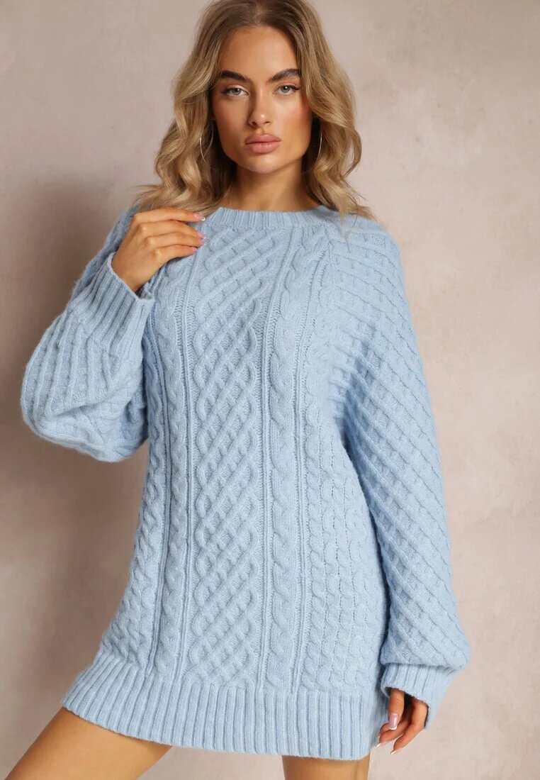 wool fashion Pulover lung albastru deschis împodobit cu împletitură fină Killoe