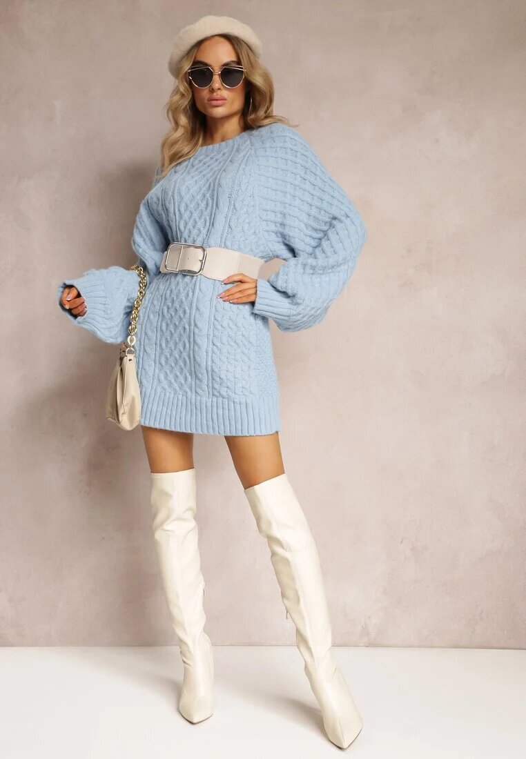 wool fashion Pulover lung albastru deschis împodobit cu împletitură fină Killoe