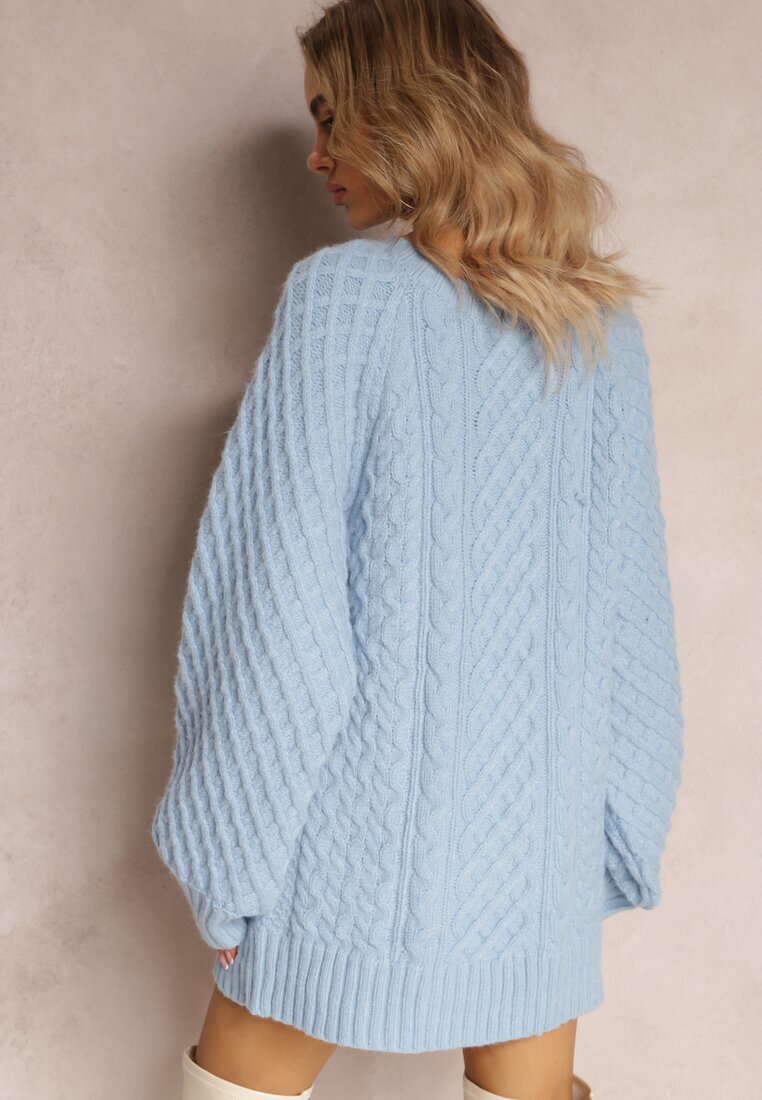 wool fashion Pulover lung albastru deschis împodobit cu împletitură fină Killoe