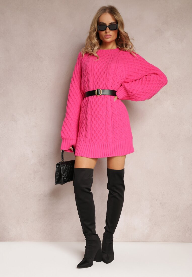 wool fashion Pulover Lung Fucsia Decorat cu Împletitură Fină Killoe