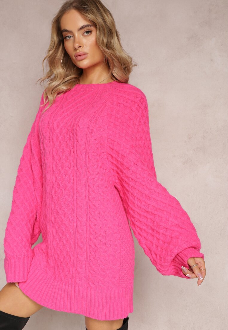 wool fashion Pulover Lung Fucsia Decorat cu Împletitură Fină Killoe