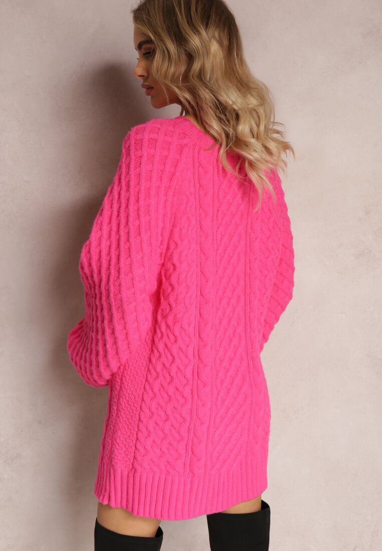 wool fashion Pulover Lung Fucsia Decorat cu Împletitură Fină Killoe