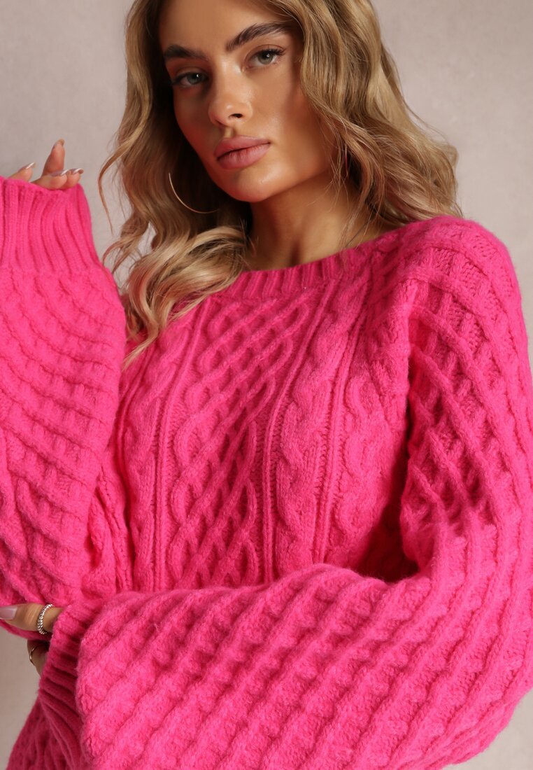 wool fashion Pulover Lung Fucsia Decorat cu Împletitură Fină Killoe
