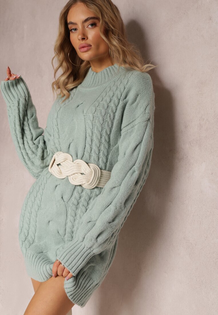 wool fashion Pulover Lung Verde deschis cu croială lejeră cu torsade Penerria
