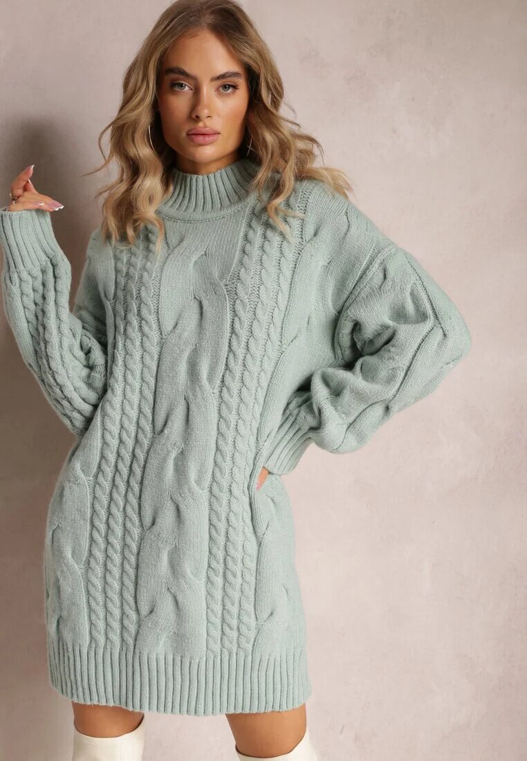 wool fashion Pulover Lung Verde deschis cu croială lejeră cu torsade Penerria
