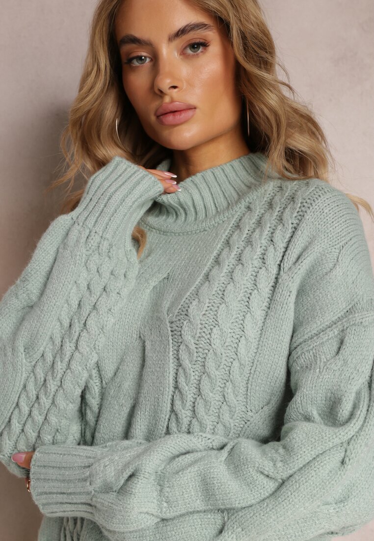 wool fashion Pulover Lung Verde deschis cu croială lejeră cu torsade Penerria