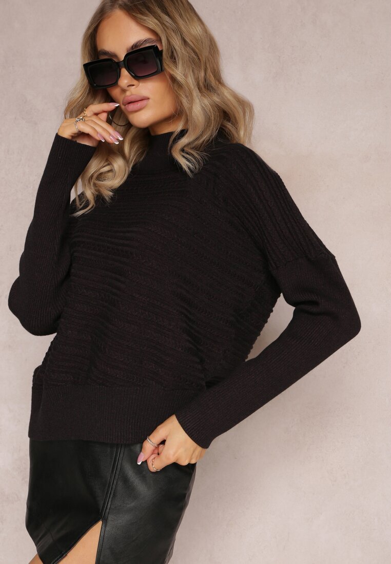 wool fashion Pulover Negru Asimetric cu Lână Decorat cu relief Aurorrsa