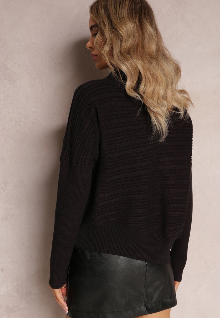 wool fashion Pulover Negru Asimetric cu Lână Decorat cu relief Aurorrsa