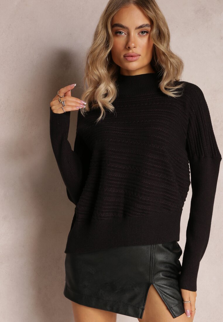 wool fashion Pulover Negru Asimetric cu Lână Decorat cu relief Aurorrsa