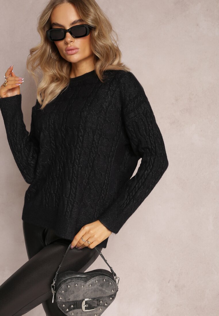 wool fashion Pulover Negru cu guler rotund și torsade cu luciu Dawnitta