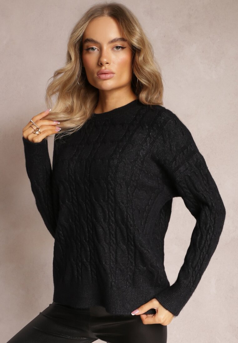 wool fashion Pulover Negru cu guler rotund și torsade cu luciu Dawnitta