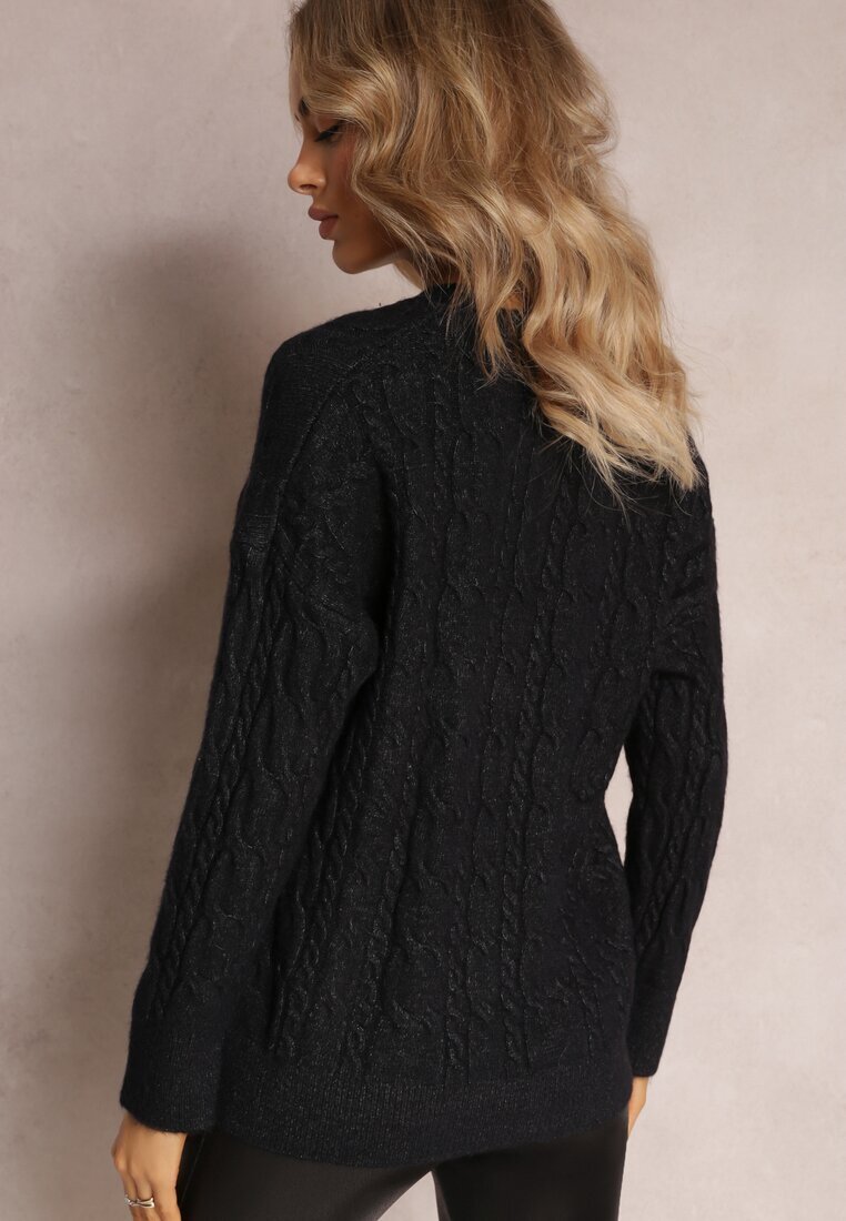 wool fashion Pulover Negru cu guler rotund și torsade cu luciu Dawnitta