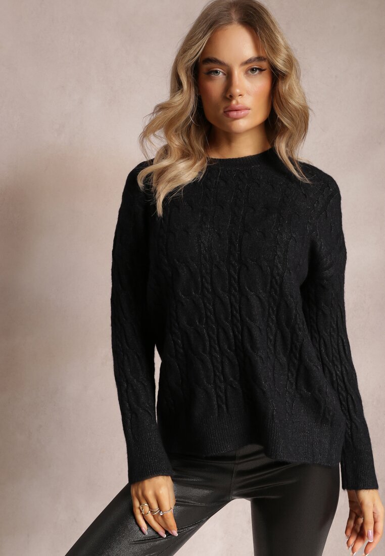 wool fashion Pulover Negru cu guler rotund și torsade cu luciu Dawnitta