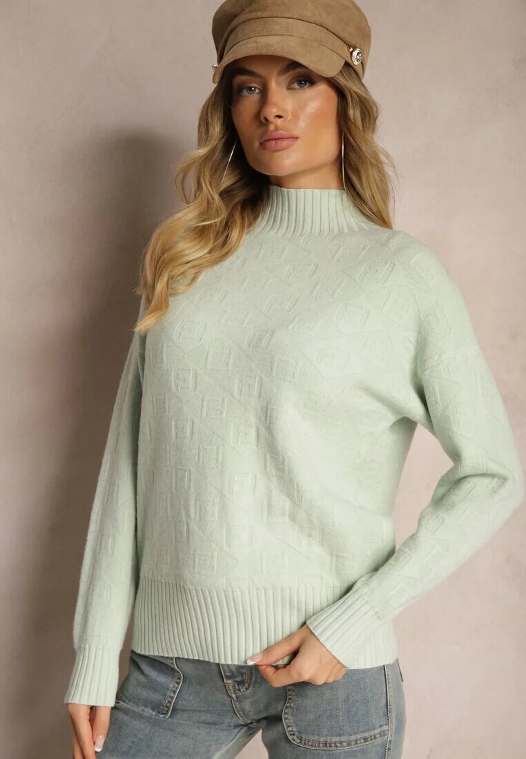 wool fashion Pulover pe gât Mentă cu Relief și Borduri elastice Melovira
