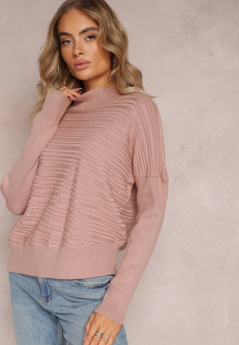 wool fashion Pulover Roz Asimetric cu Lână Decorat cu relief Aurorrsa