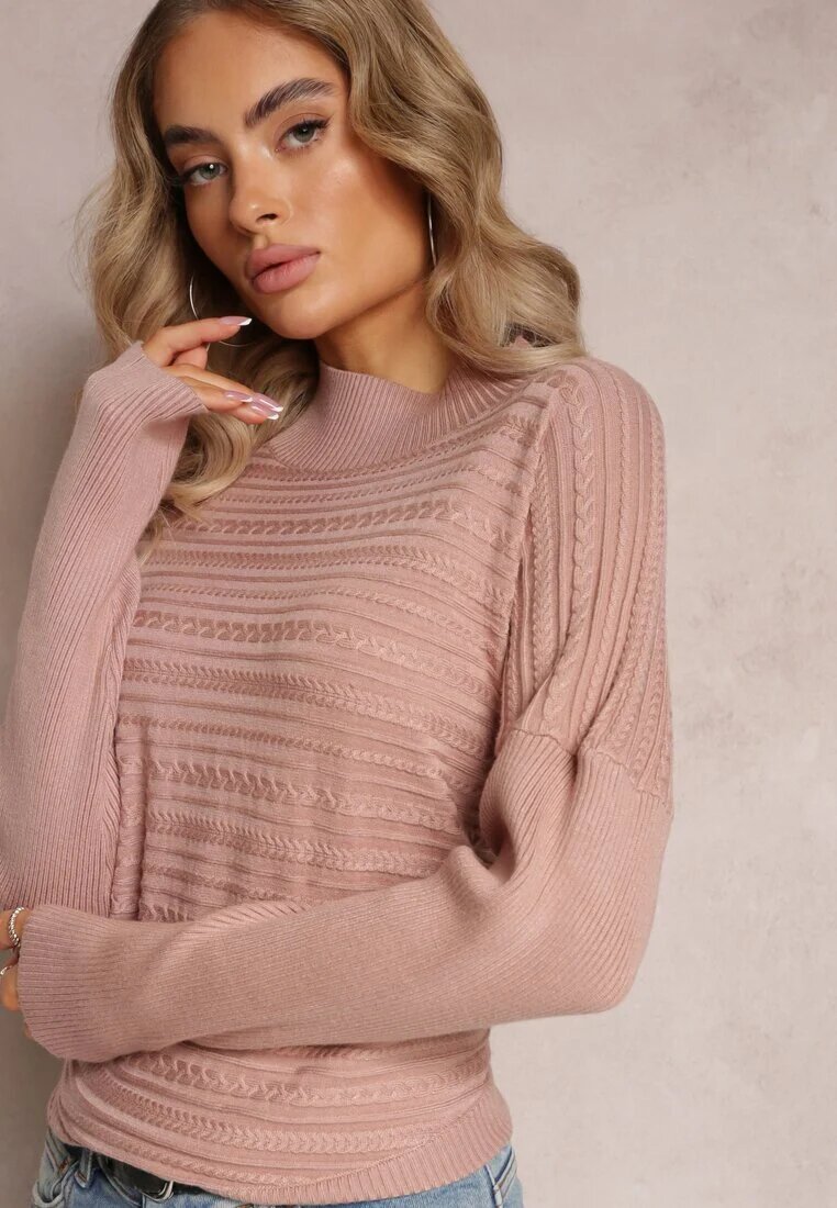 wool fashion Pulover Roz Asimetric cu Lână Decorat cu relief Aurorrsa