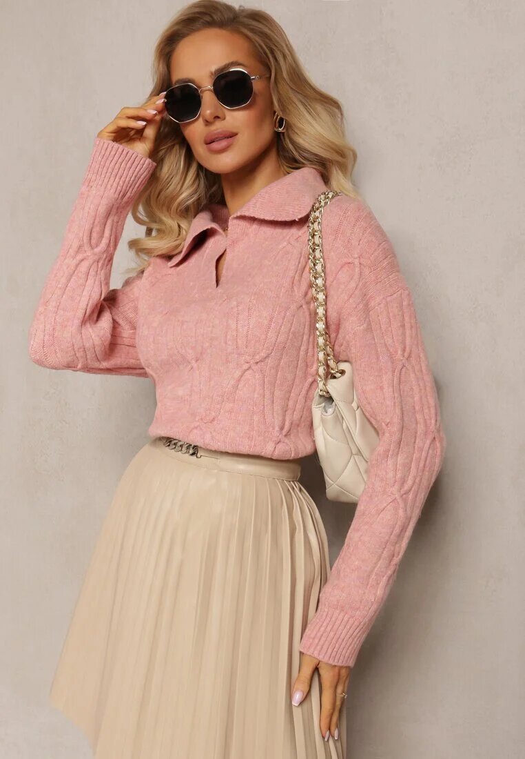 wool fashion Pulover Roz cu decolteu în V și împletitură decorativă Travissa