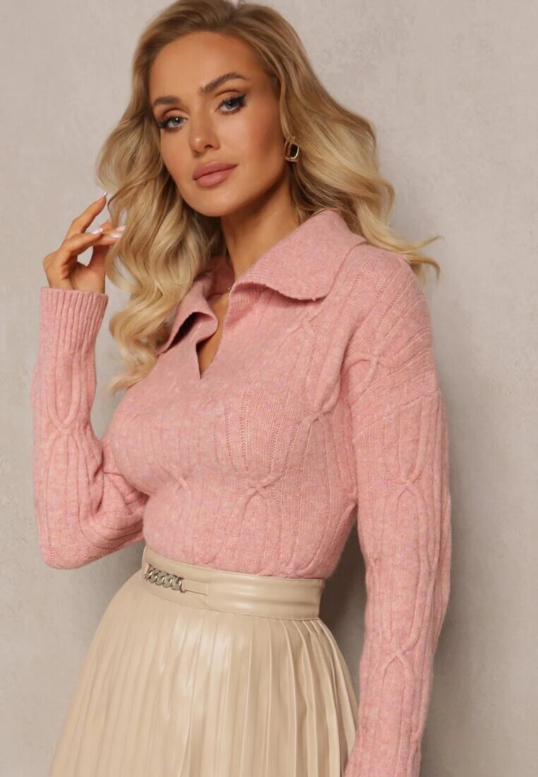 wool fashion Pulover Roz cu decolteu în V și împletitură decorativă Travissa