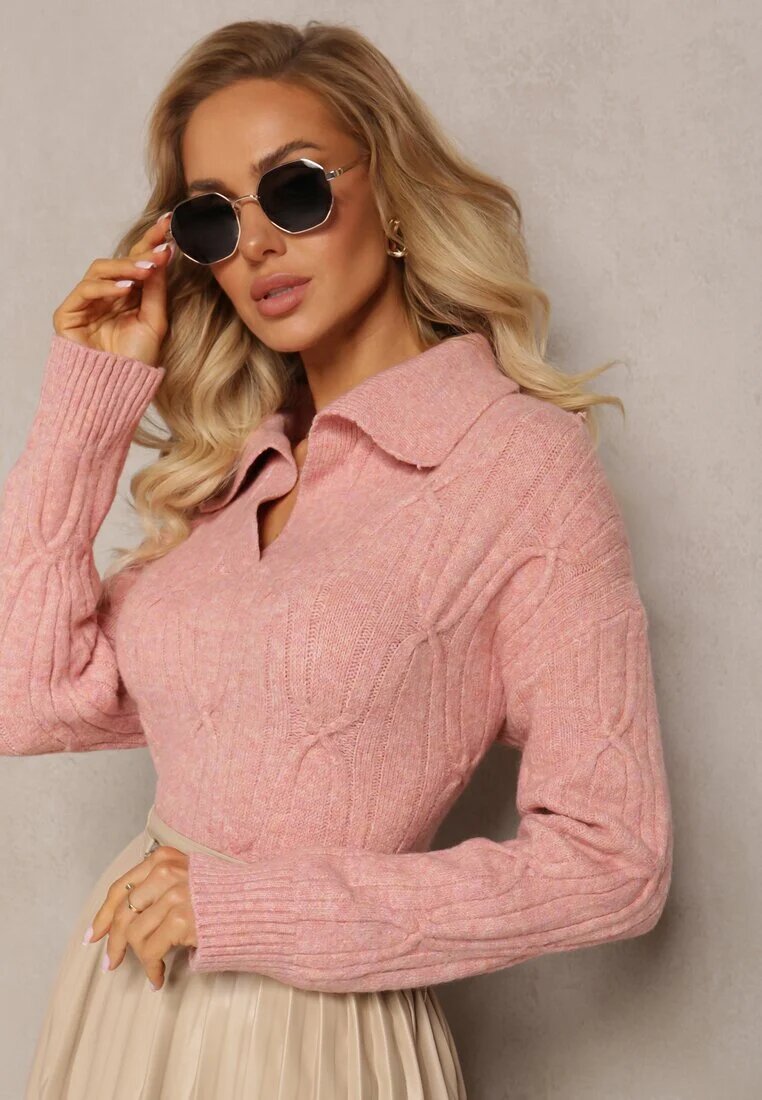 wool fashion Pulover Roz cu decolteu în V și împletitură decorativă Travissa