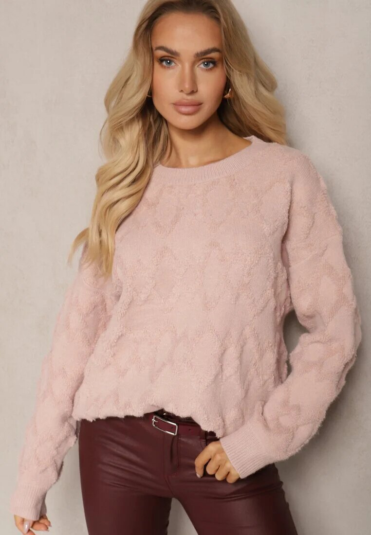 wool fashion Pulover Roz deschis Lejer cu croială boxy și tricotaj în relief cu borduri elastice Elomara