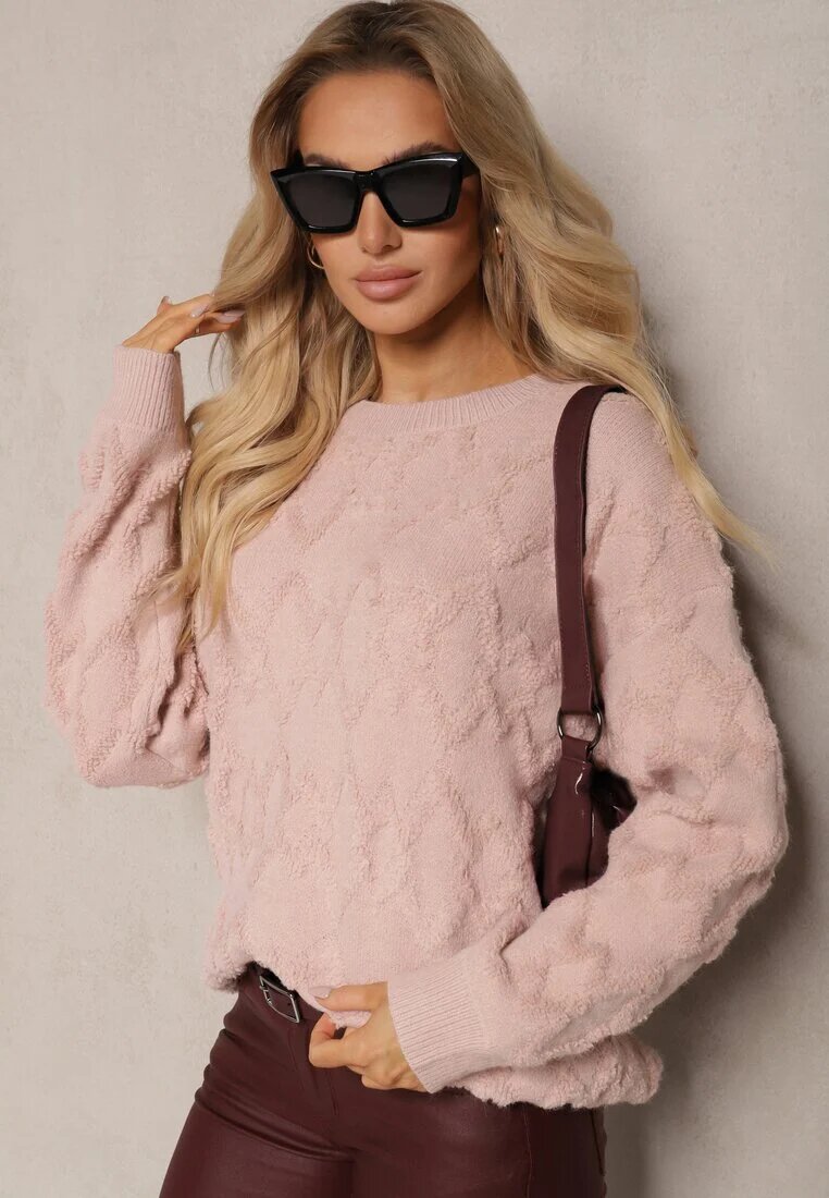 wool fashion Pulover Roz deschis Lejer cu croială boxy și tricotaj în relief cu borduri elastice Elomara