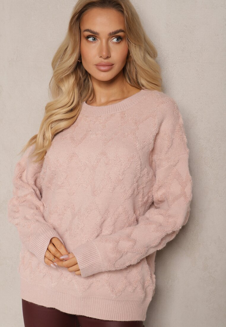wool fashion Pulover Roz deschis Lejer cu croială boxy și tricotaj în relief cu borduri elastice Elomara