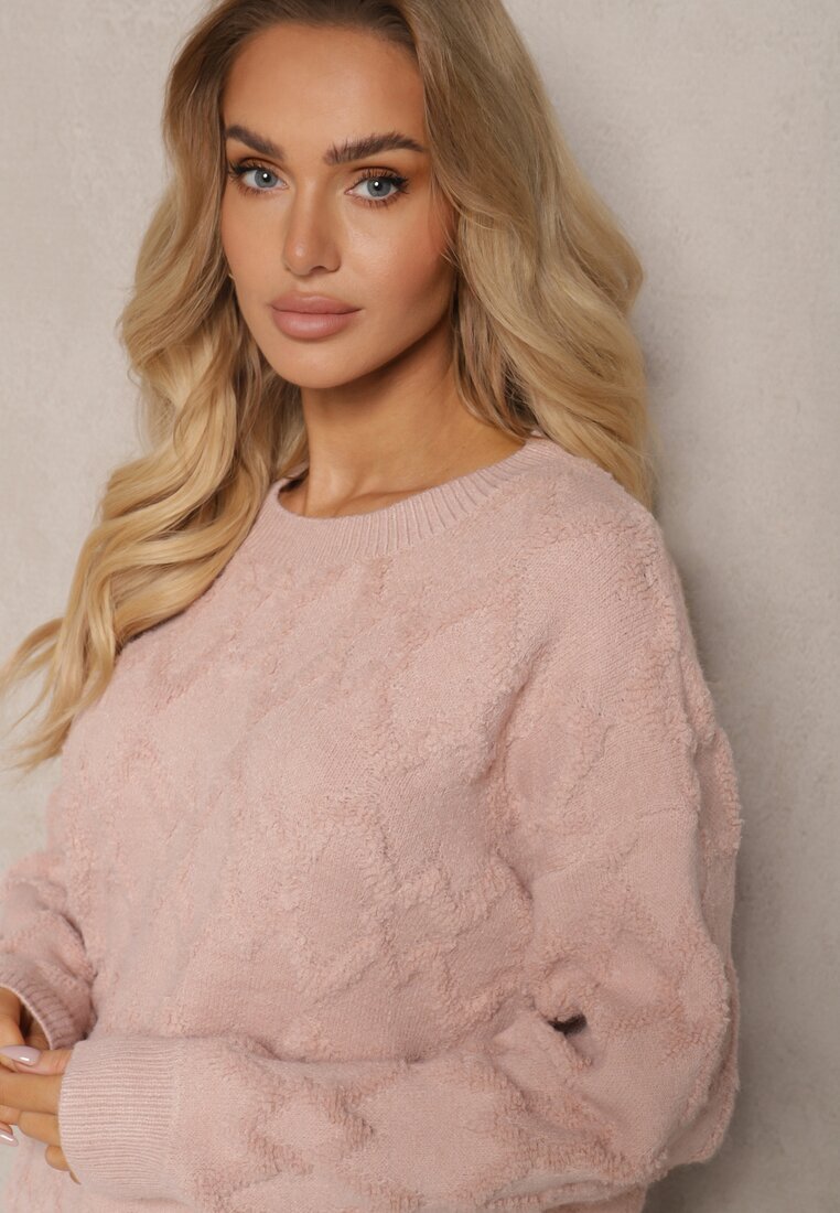 wool fashion Pulover Roz deschis Lejer cu croială boxy și tricotaj în relief cu borduri elastice Elomara