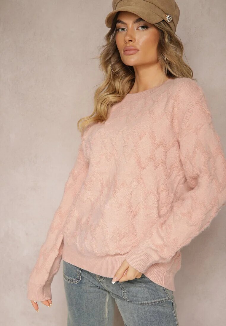wool fashion Pulover Roz Larg cu croială boxy textură în relief și manșete elastice Elomara