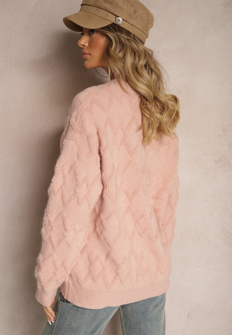 wool fashion Pulover Roz Larg cu croială boxy textură în relief și manșete elastice Elomara