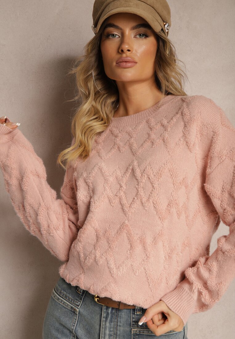 wool fashion Pulover Roz Larg cu croială boxy textură în relief și manșete elastice Elomara