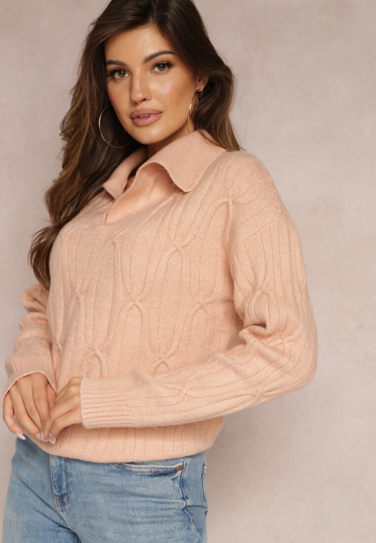 wool fashion Pulover rozaliu deschis cu decolteu în V și cu o împletitură decorativă Travissa