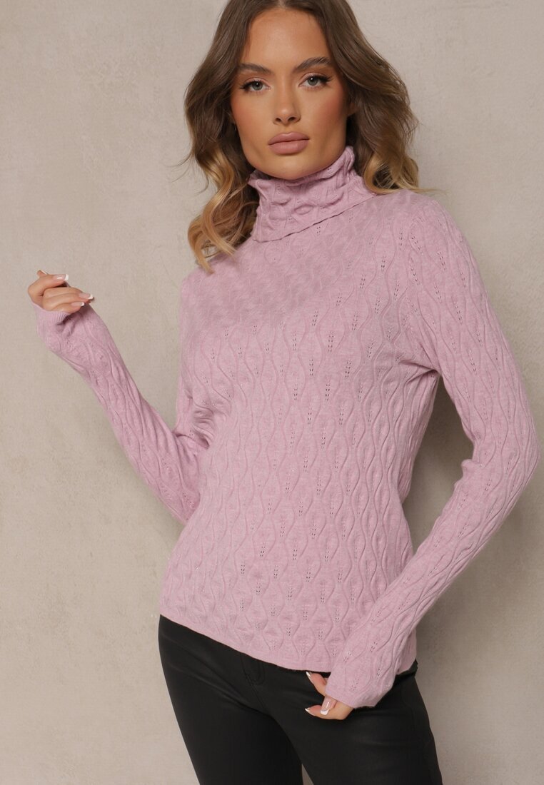 wool fashion Pulover Violet deschis cu Viscoză cu Model în Relief Cusut cu Fir Metalic Neldora