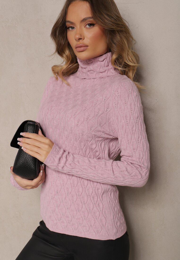 wool fashion Pulover Violet deschis cu Viscoză cu Model în Relief Cusut cu Fir Metalic Neldora