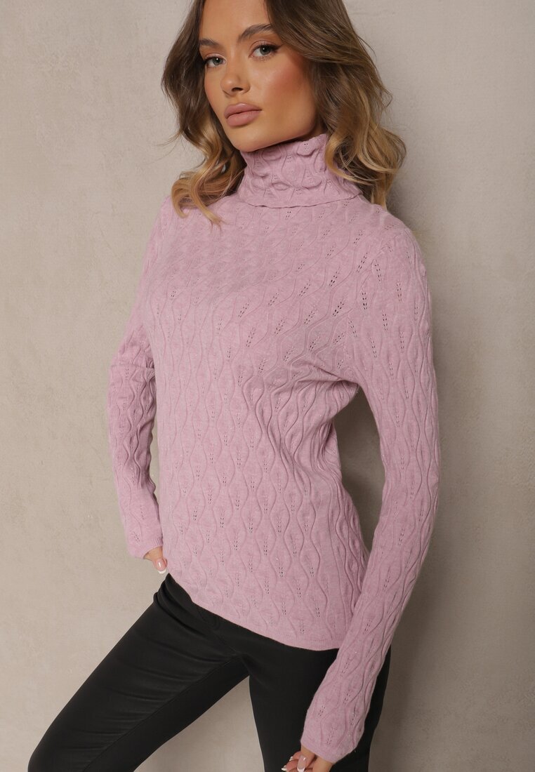 wool fashion Pulover Violet deschis cu Viscoză cu Model în Relief Cusut cu Fir Metalic Neldora