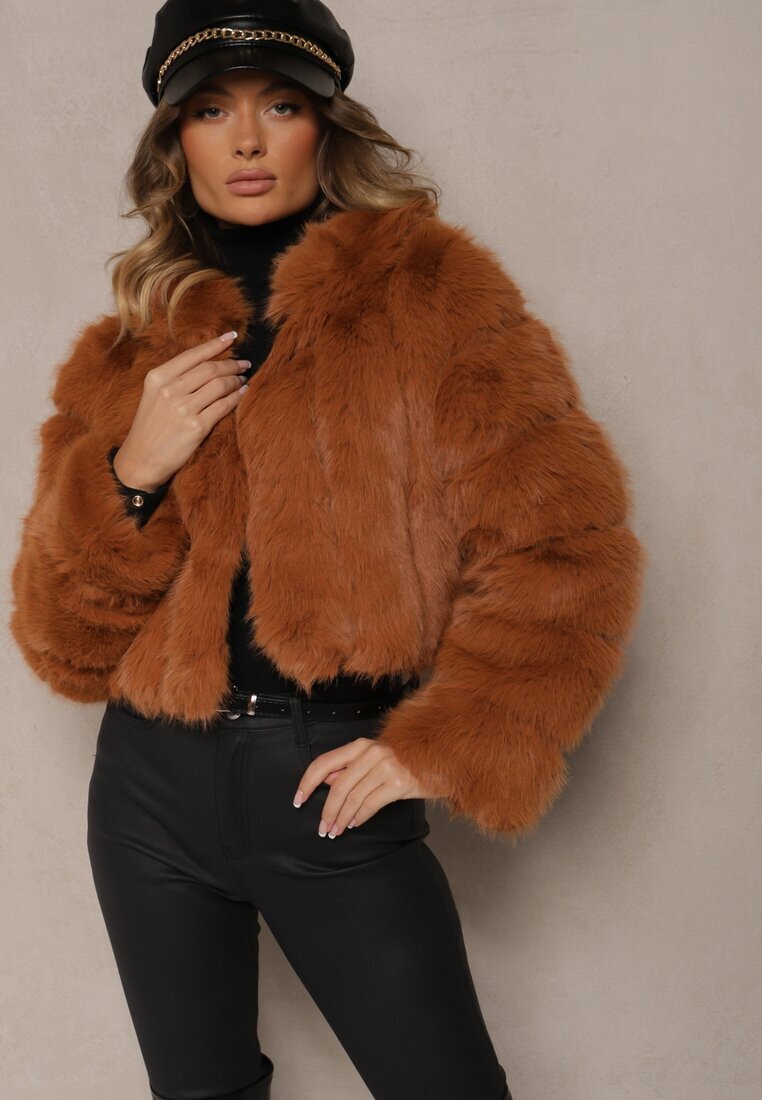 wool fashion Scurtă Jachetă de blană Maro închis cu Cusături Matlasate Kemeriana