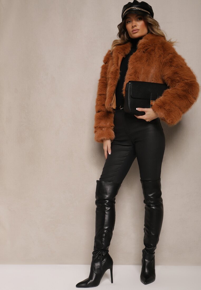 wool fashion Scurtă Jachetă de blană Maro închis cu Cusături Matlasate Kemeriana