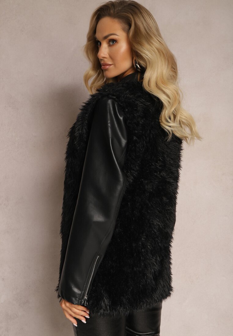 wool fashion Vestă Neagră De Blană cu Curea Legată Theo