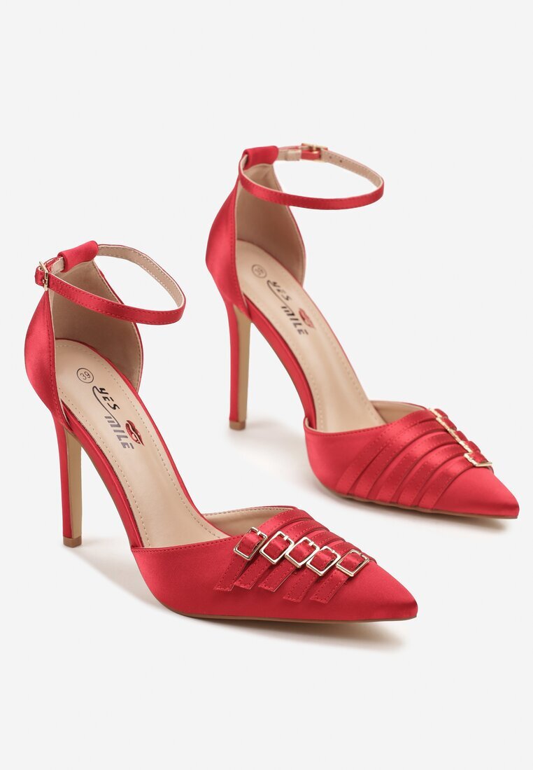 yesmile Pantofi stiletto Roșii de satin Decorați cu catarame Liorlina