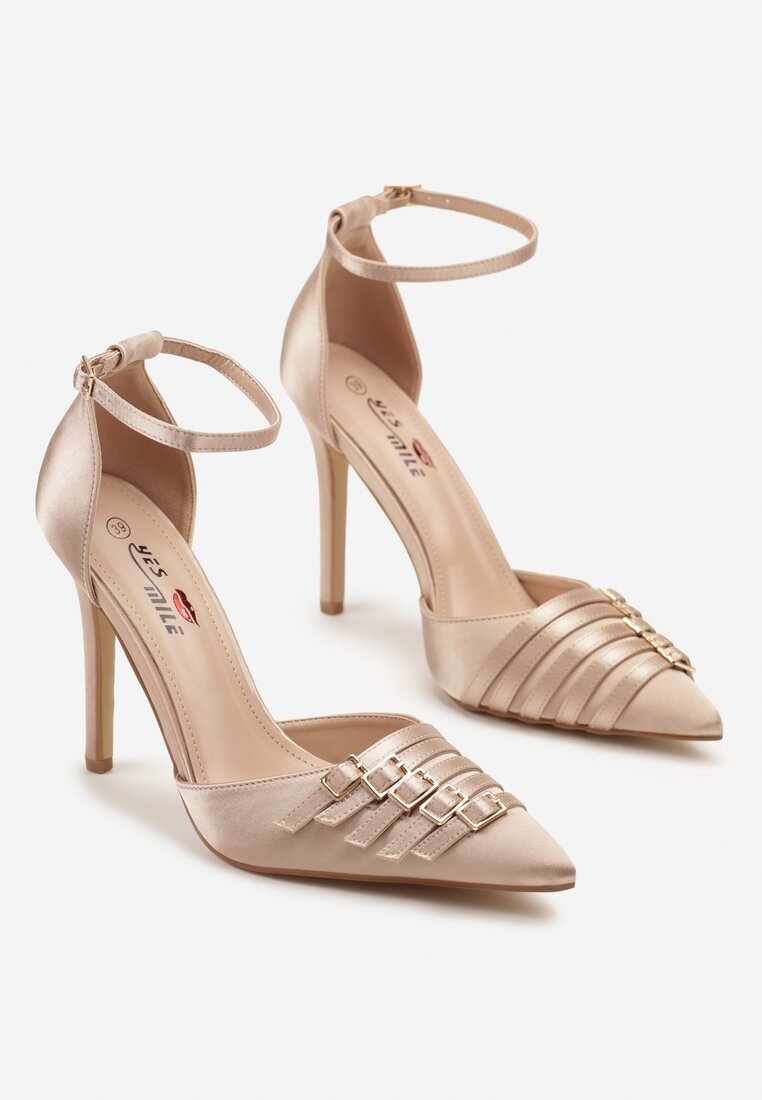 yesmile Pantofi stiletto șampanie din satin decorate cu catarame Liorlina